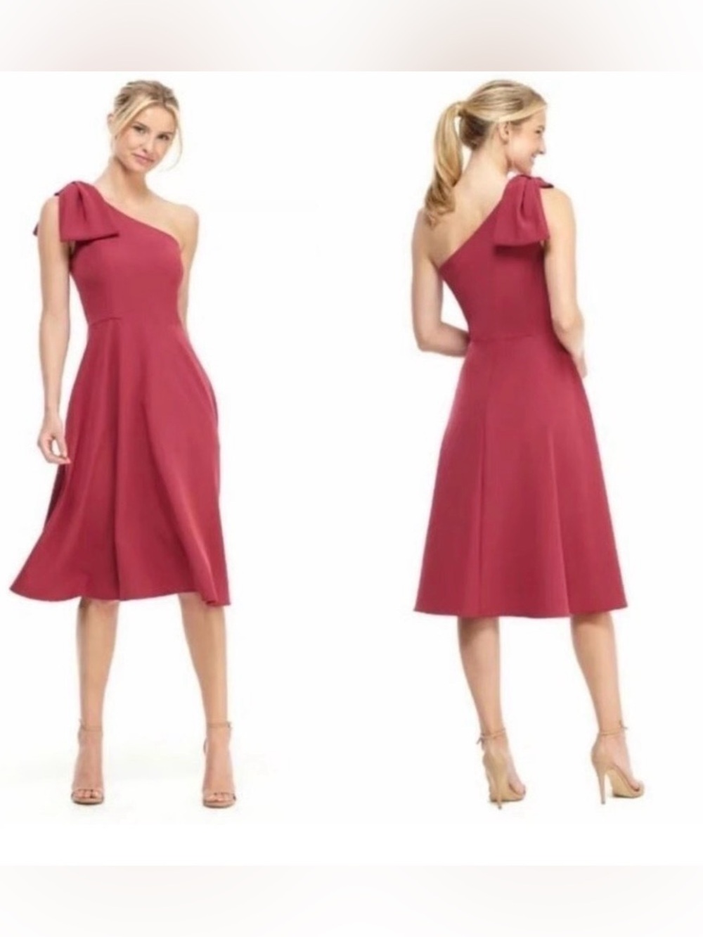 GAL MEETS GLAM Yvonne One-shoulder Fit & Flare Dress Knee Length Crimson 10 NWT